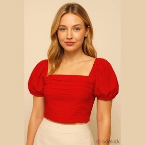 Sim & Sam Pink Flame Crop Top Poof Sleeve‎ Tiered Front Ruched Back Size Small